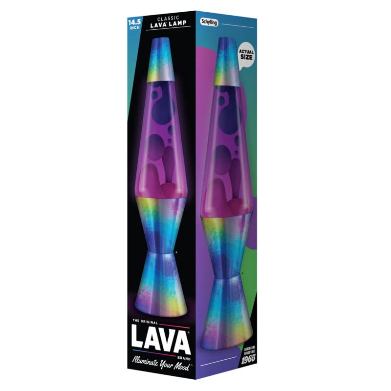 23340400US_Image2 A boxed lava lamp labeled "The Original Lava Brand" and "Illuminate Your Mood". The lamp inside is 14.5 inches tall with purple liquid and blobs. The box shows images of the lamp, featuring a colorful rainbow base and top.